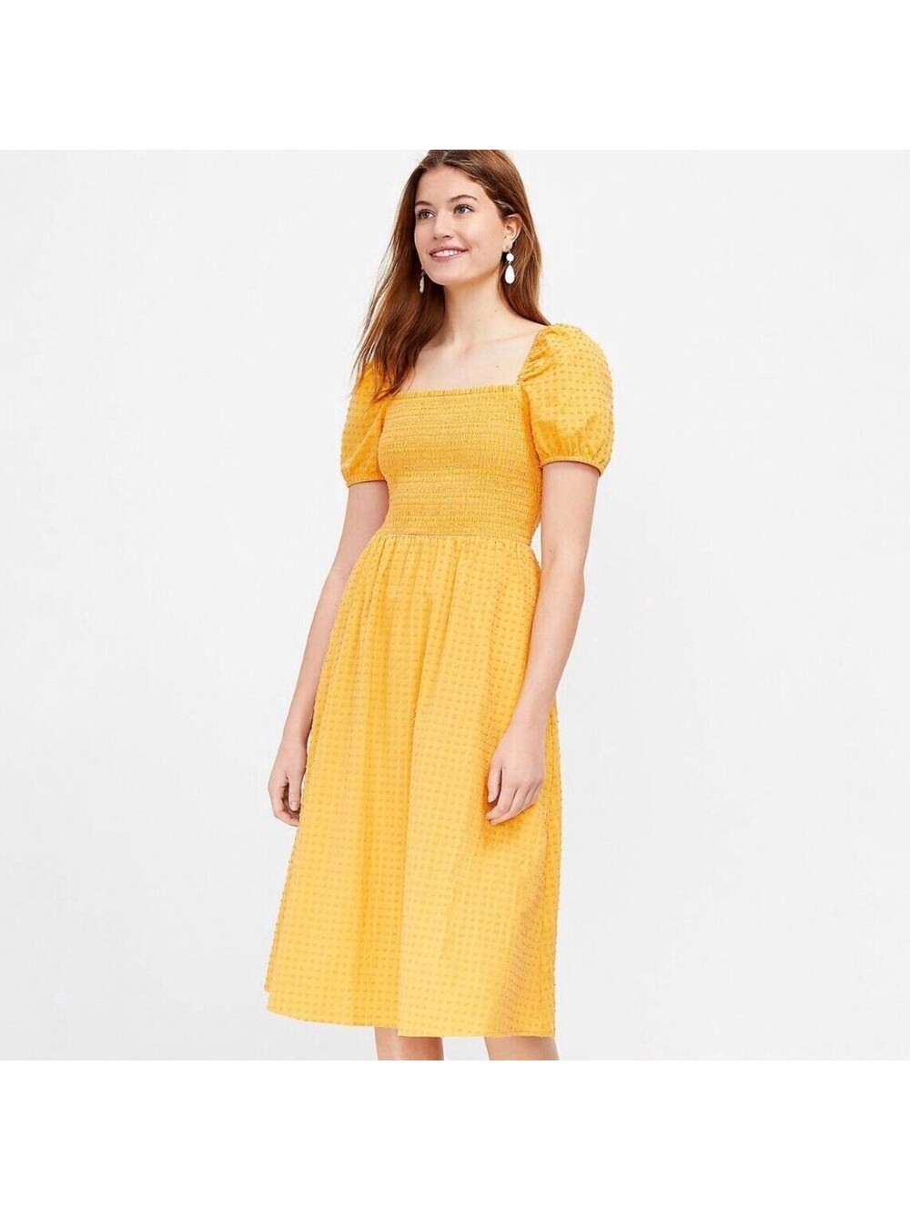 LOFT Clip Dot Smocked Puff Sleeve Midi Dress Yellow Orange Large L